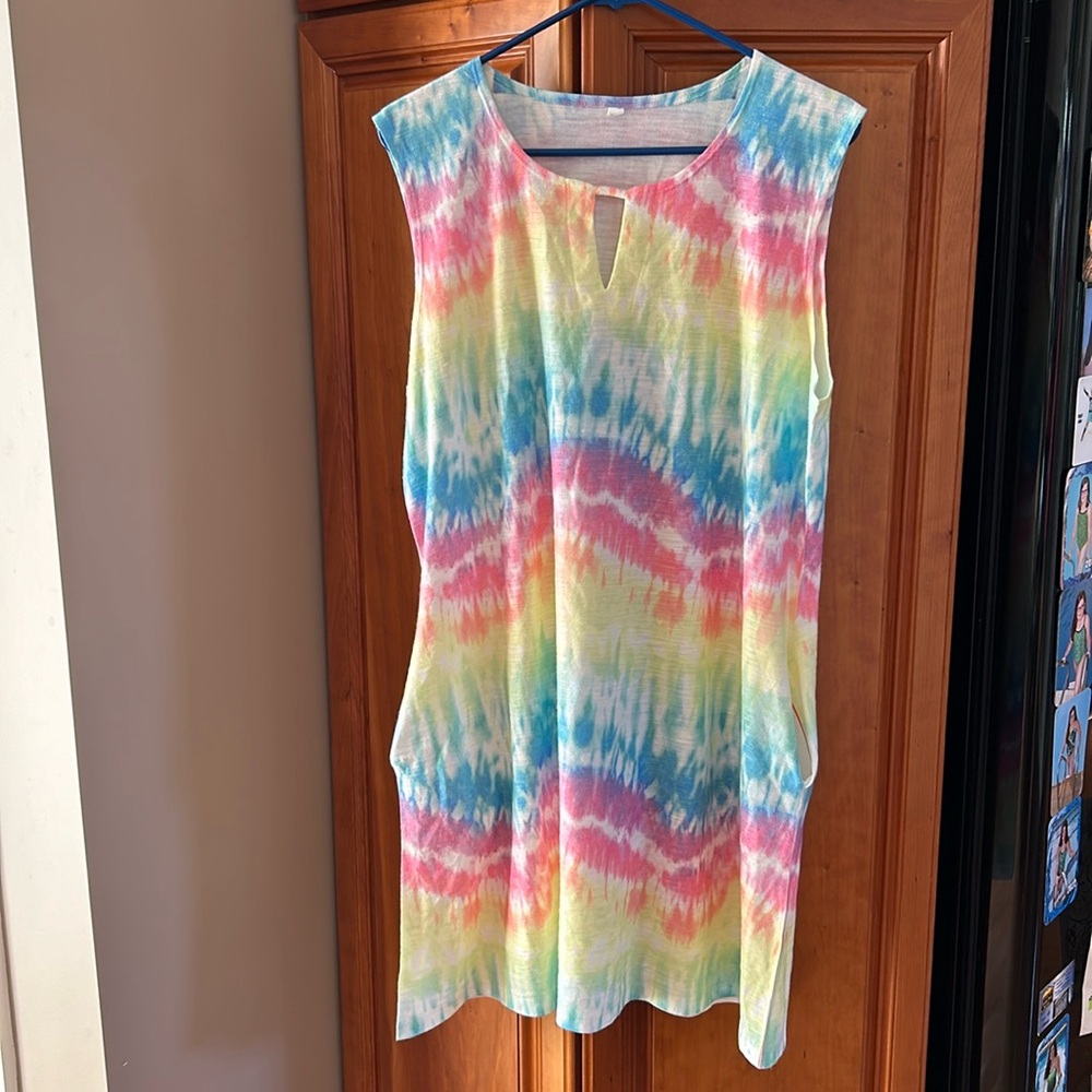 French Terry sundress w/pockets, pastel tie-dye, sleeveless,great to wear@ pool